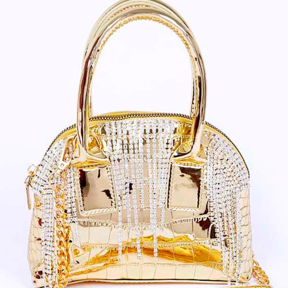 SMALL Rhinestone Fringe Mirror Metallic Convertible Bag